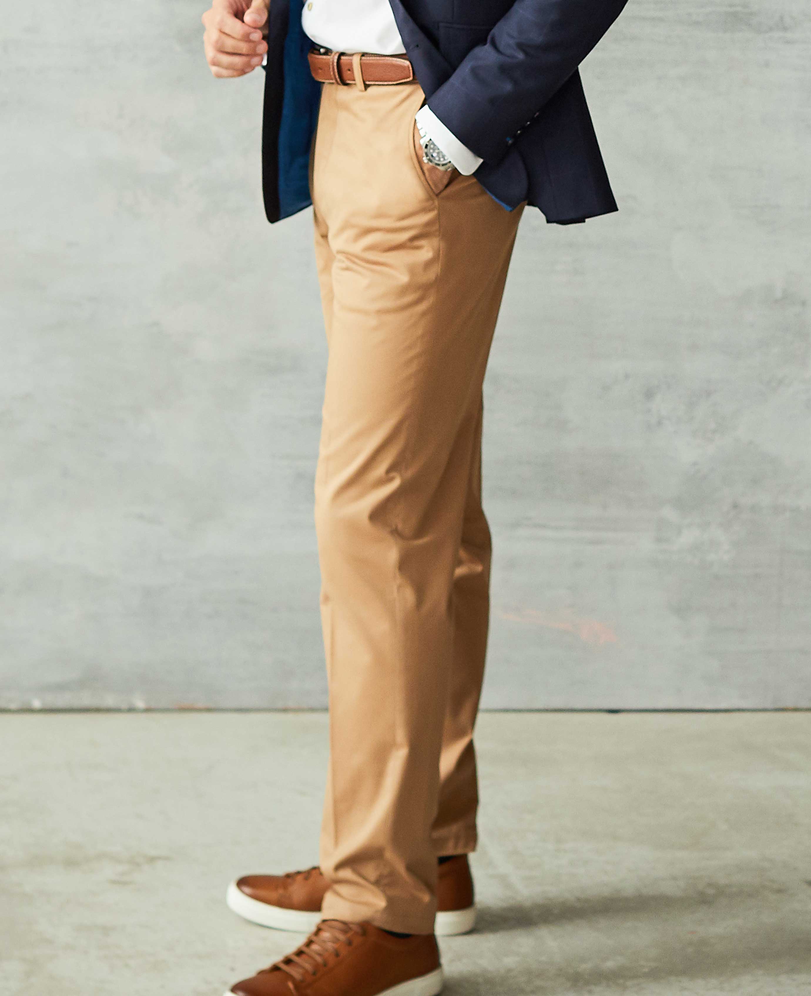 Tan Stretch Cotton Classic Fit Flat Front Chinos - Image 6
