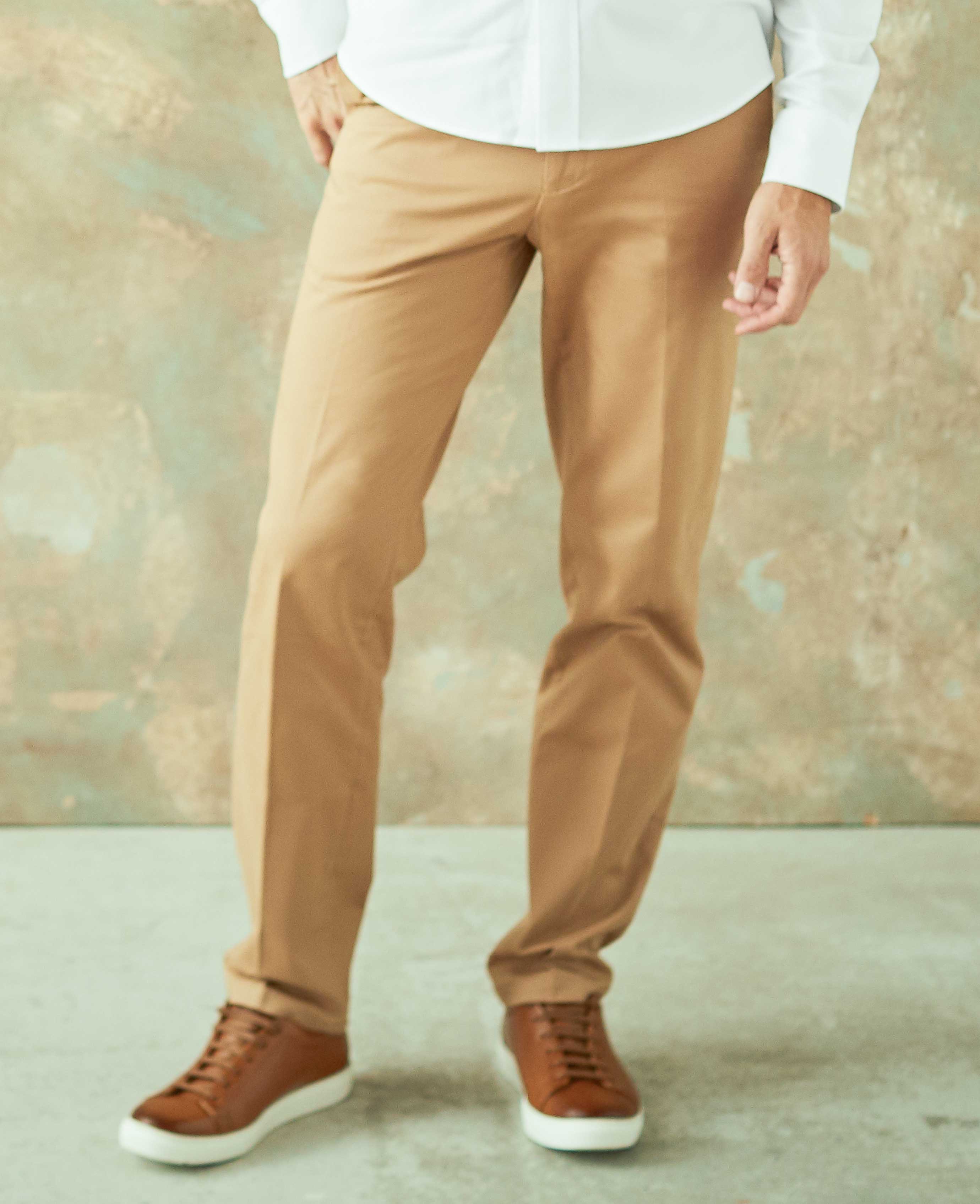 Tan Stretch Cotton Classic Fit Flat Front Chinos - Image 7
