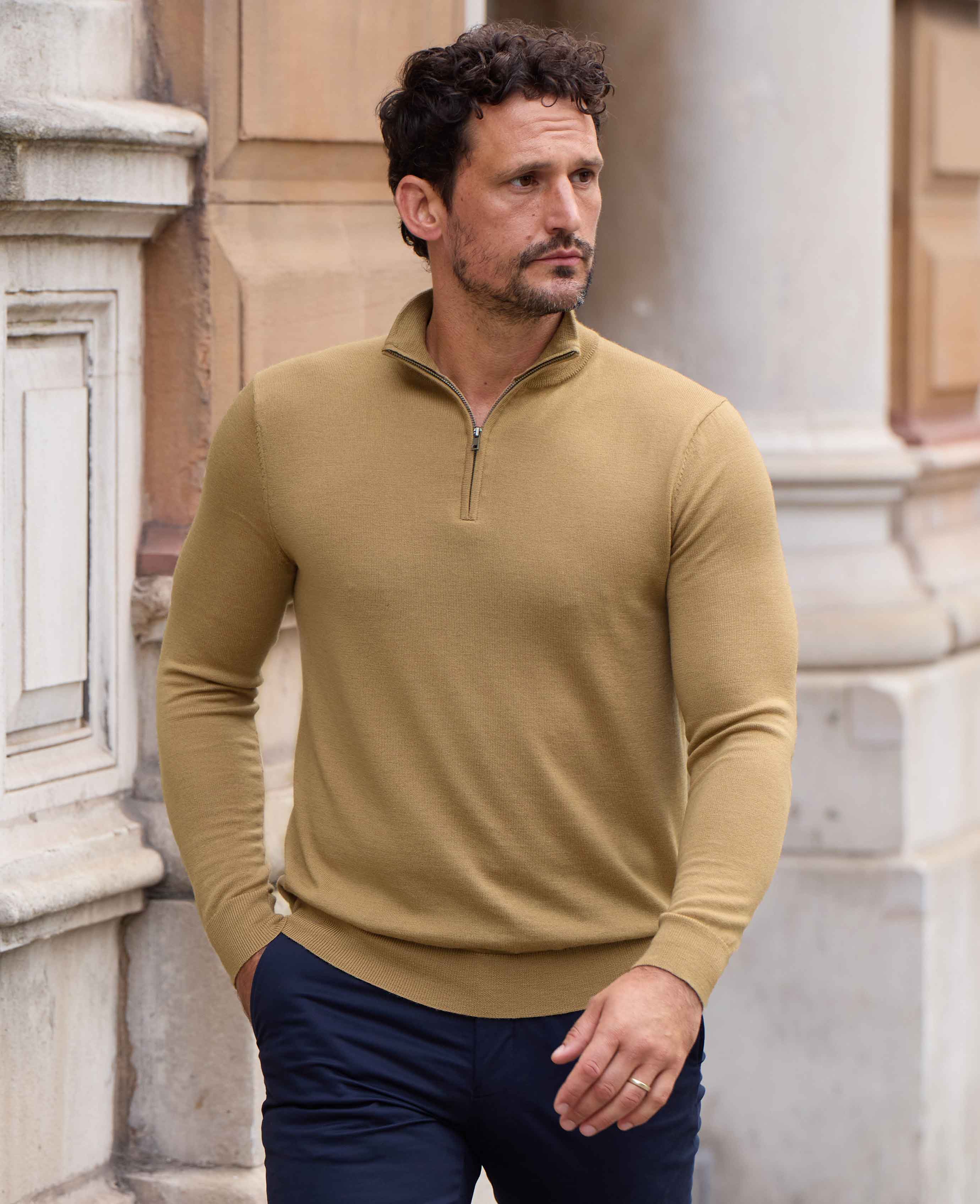 Tan Merino Wool Zip Neck Jumper - Image 5