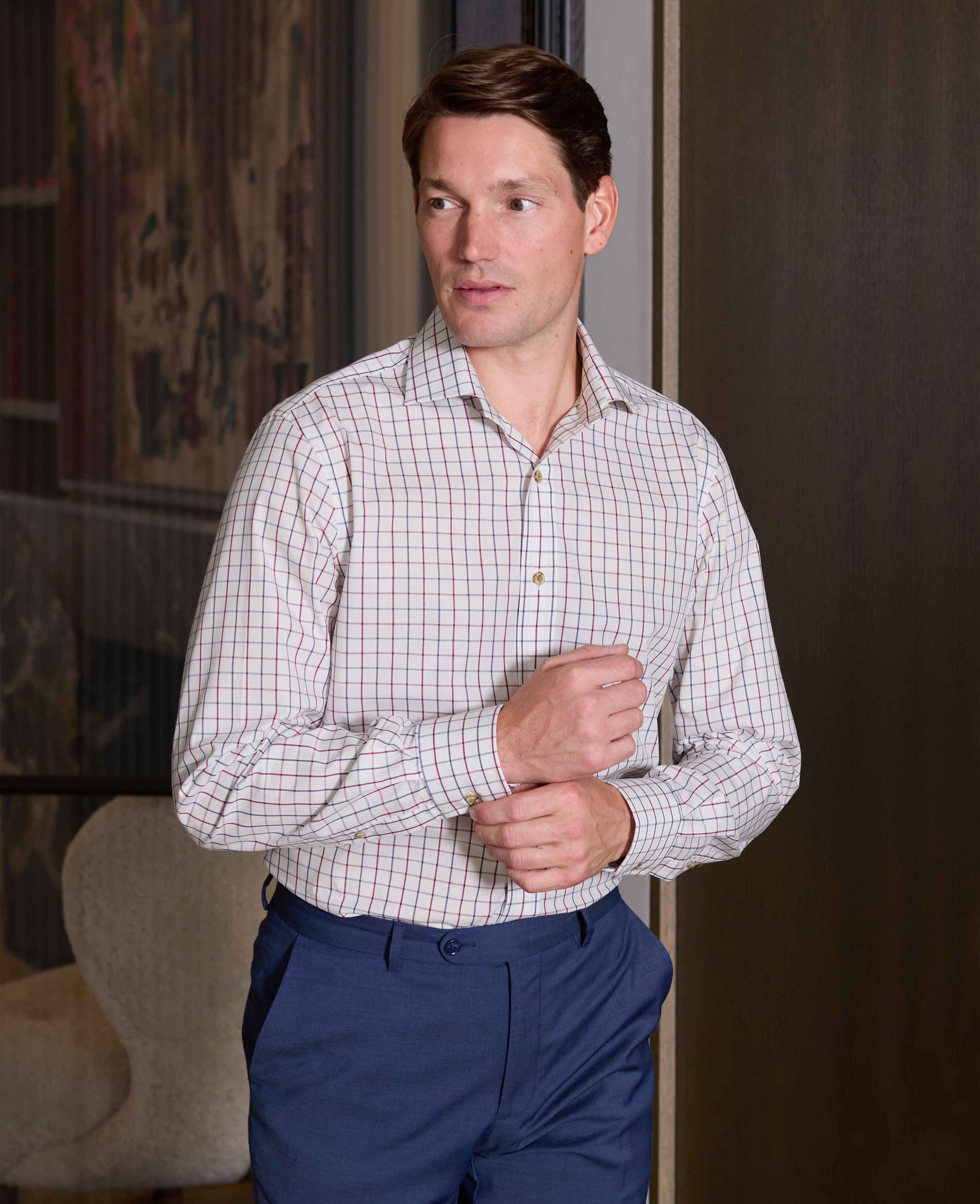 White Burgundy Cotton Tattersall Check Slim Fit Formal Shirt - Single Cuff - Image 2