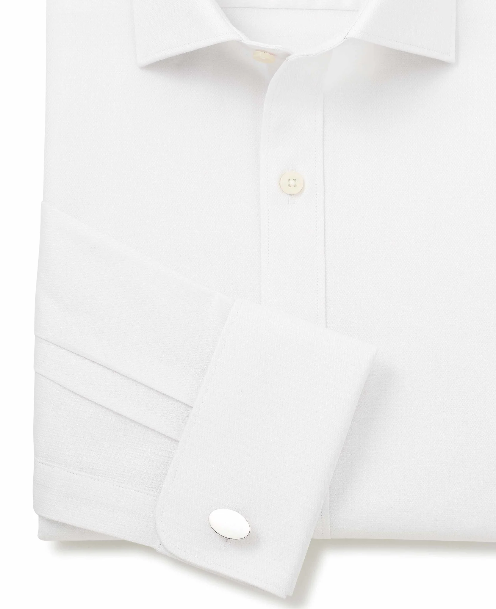 Natural White Cotton Herringbone Slim Fit Formal Shirt - Double Cuff - Image 10