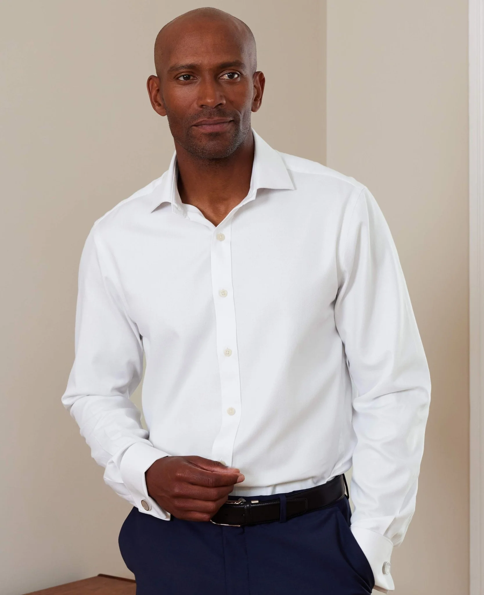 Natural White Cotton Herringbone Slim Fit Formal Shirt - Double Cuff - Image 5