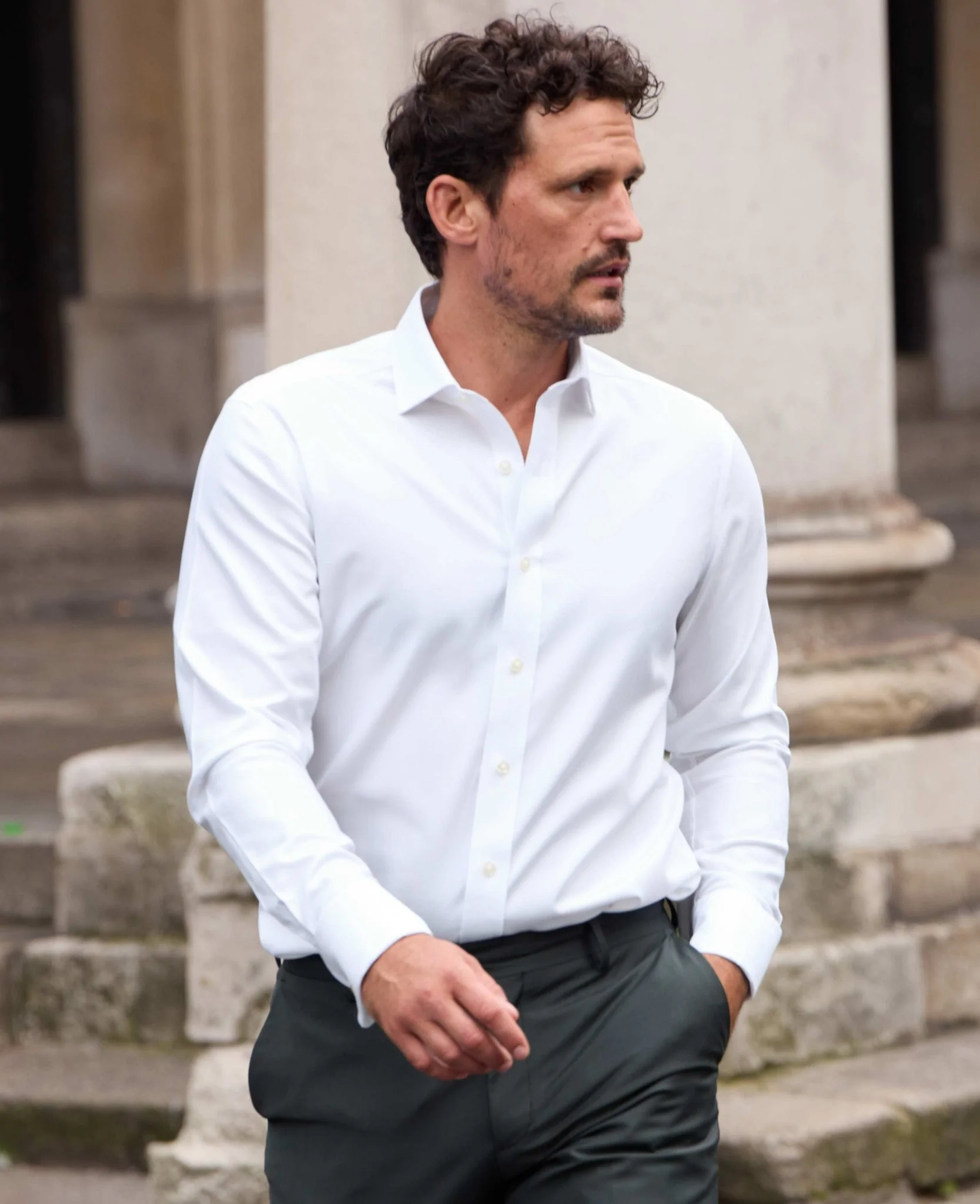 Natural White Cotton Herringbone Slim Fit Formal Shirt - Double Cuff - Image 6