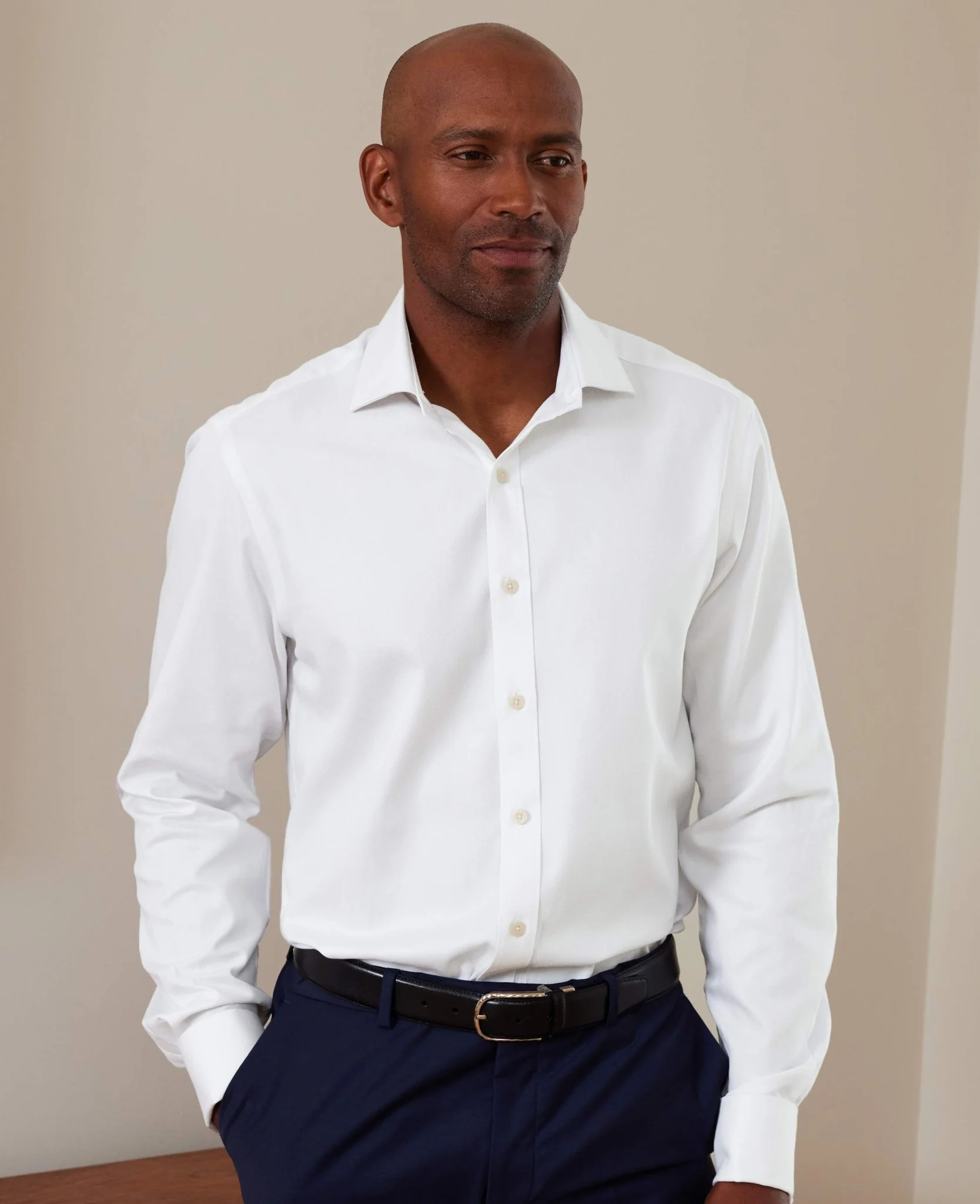 Natural White Cotton Herringbone Slim Fit Formal Shirt - Double Cuff - Image 7