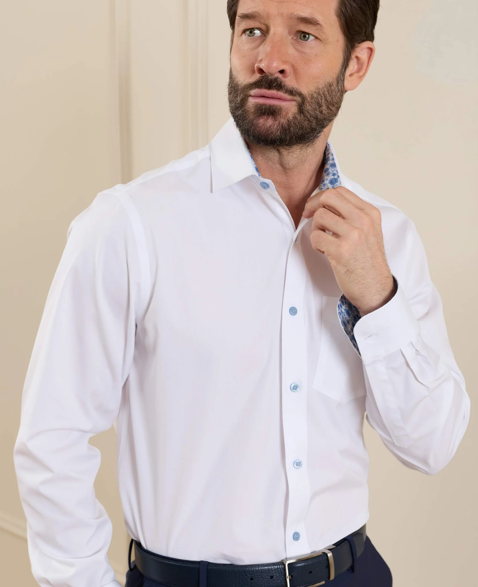 White Cotton Poplin Contrast Button Floral Trim Classic Fit Formal Shirt - Single Cuff - Image 4