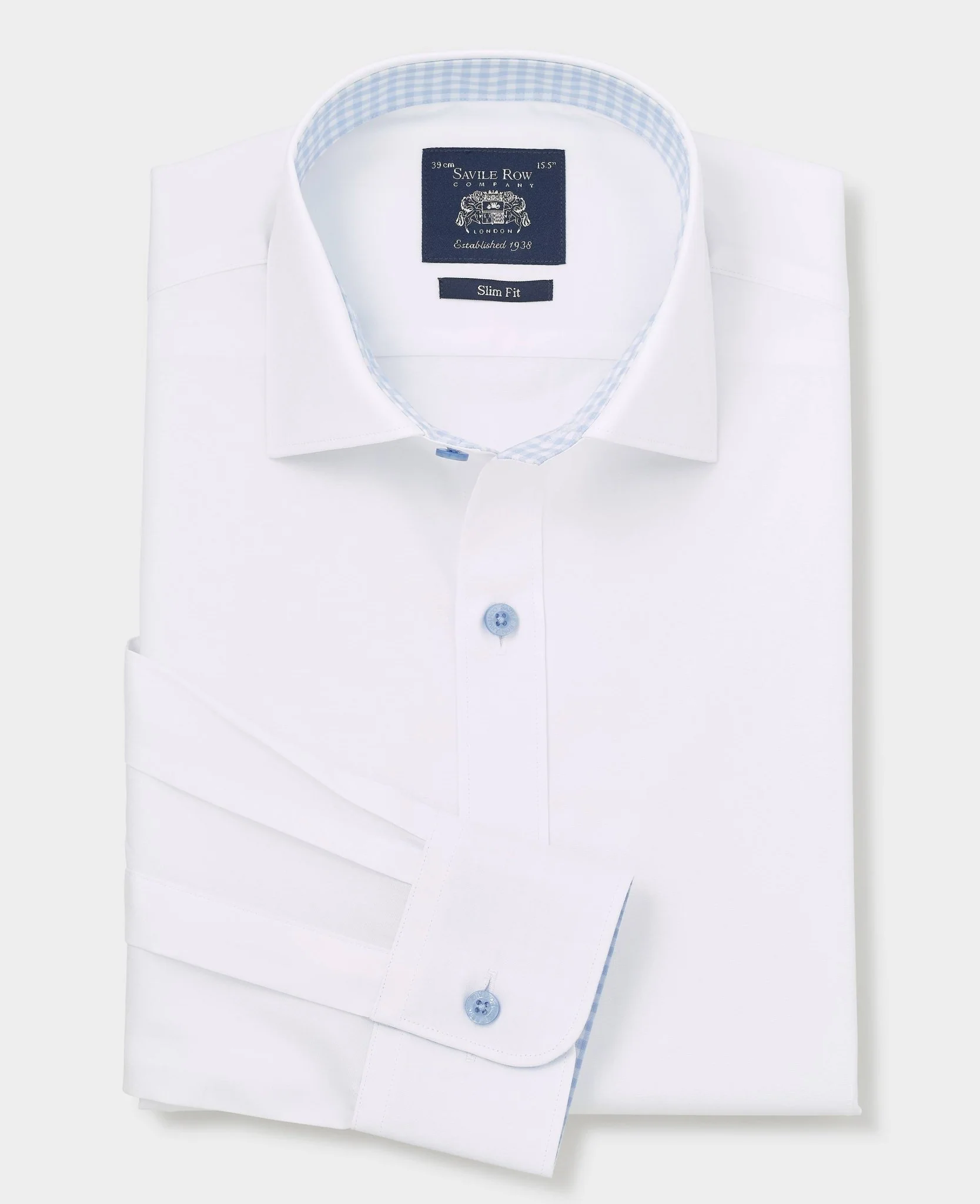 White Cotton Poplin Contrast Button Gingham Trim Slim Fit Formal Shirt - Single Cuff
