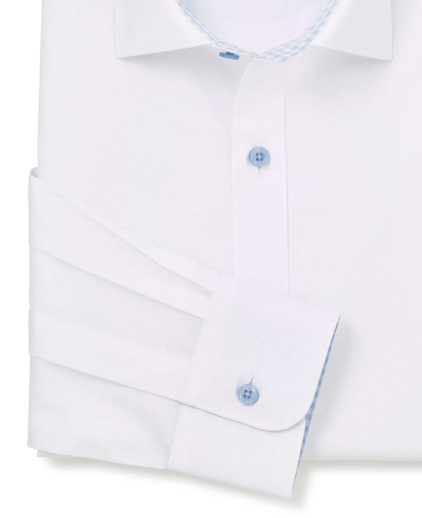 White Cotton Poplin Contrast Button Gingham Trim Slim Fit Formal Shirt - Single Cuff - Image 3