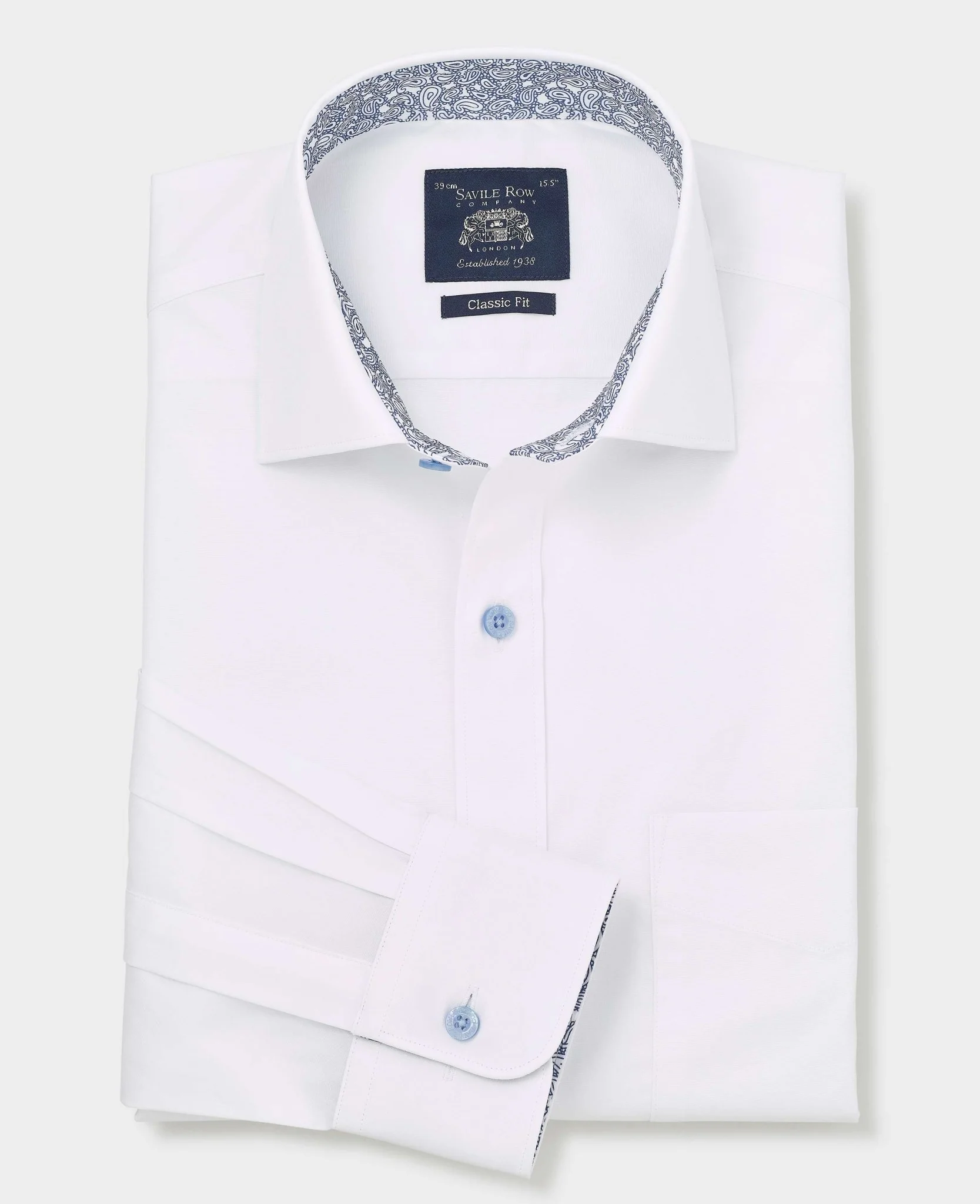 White Cotton Poplin Contrast Button Paisley Trim Classic Fit Formal Shirt - Single Cuff