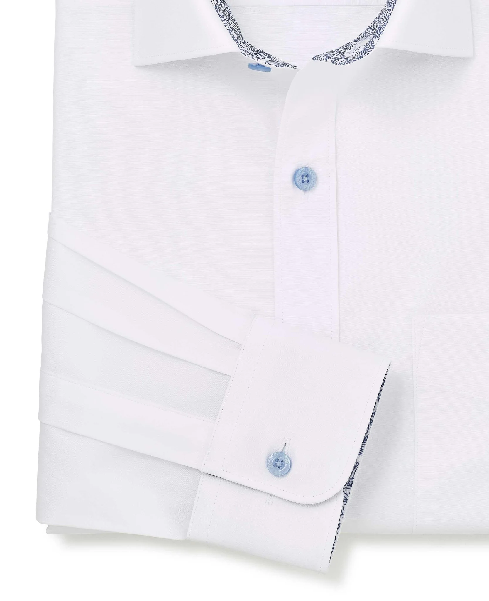 White Cotton Poplin Contrast Button Paisley Trim Classic Fit Formal Shirt - Single Cuff - Image 3
