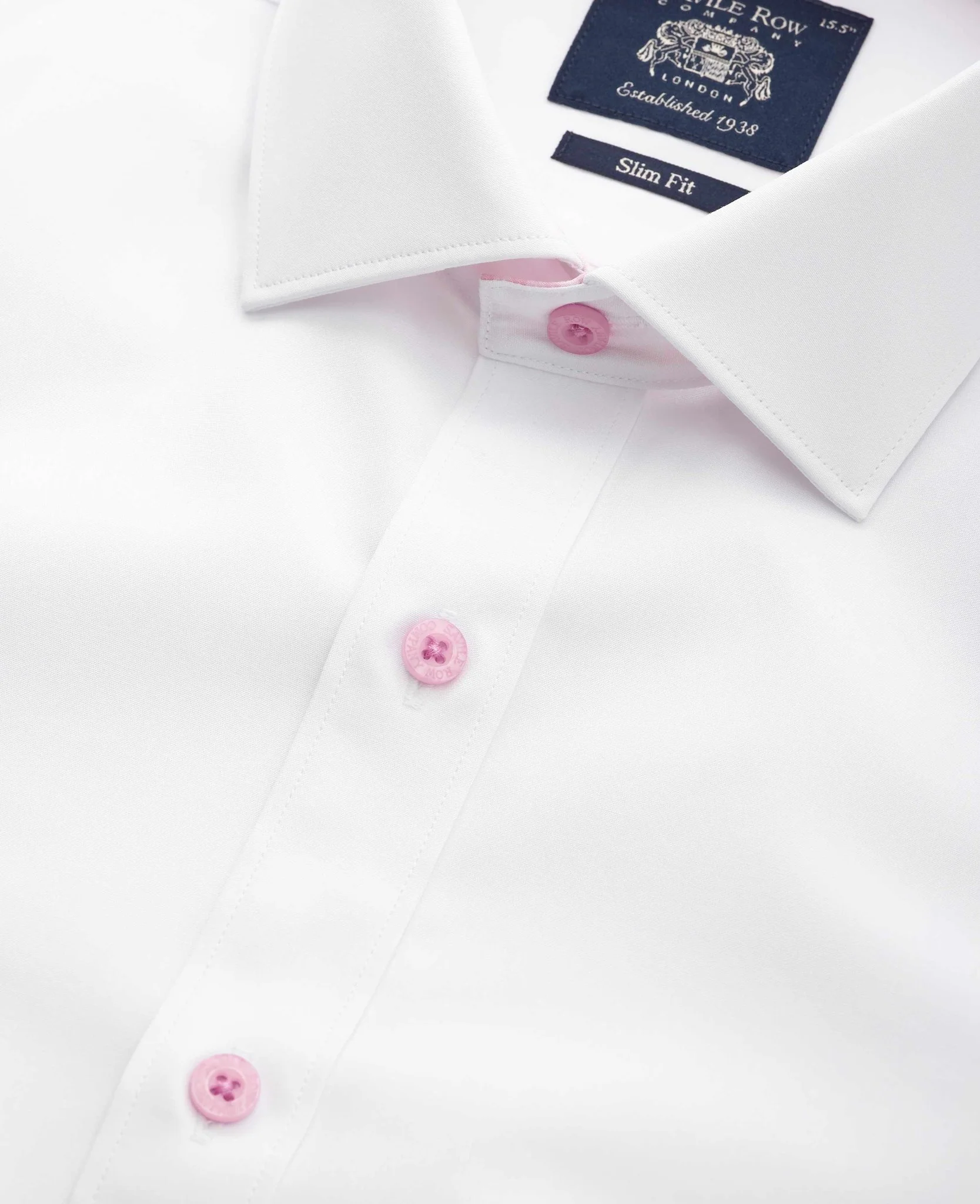 White Cotton Poplin Contrast Button Pink Gingham Trim Slim Fit Formal Shirt - Single Cuff - Image 3