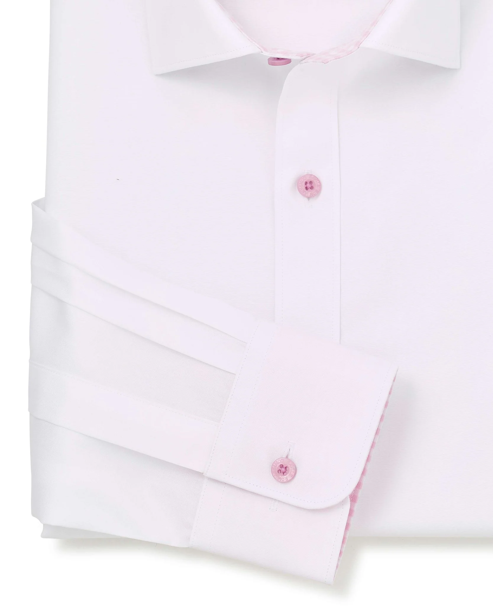 White Cotton Poplin Contrast Button Pink Gingham Trim Slim Fit Formal Shirt - Single Cuff - Image 5