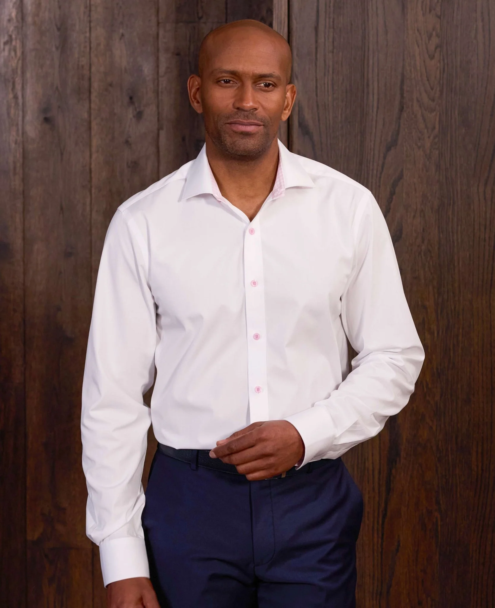 White Cotton Poplin Contrast Button Pink Gingham Trim Slim Fit Formal Shirt - Single Cuff - Image 7