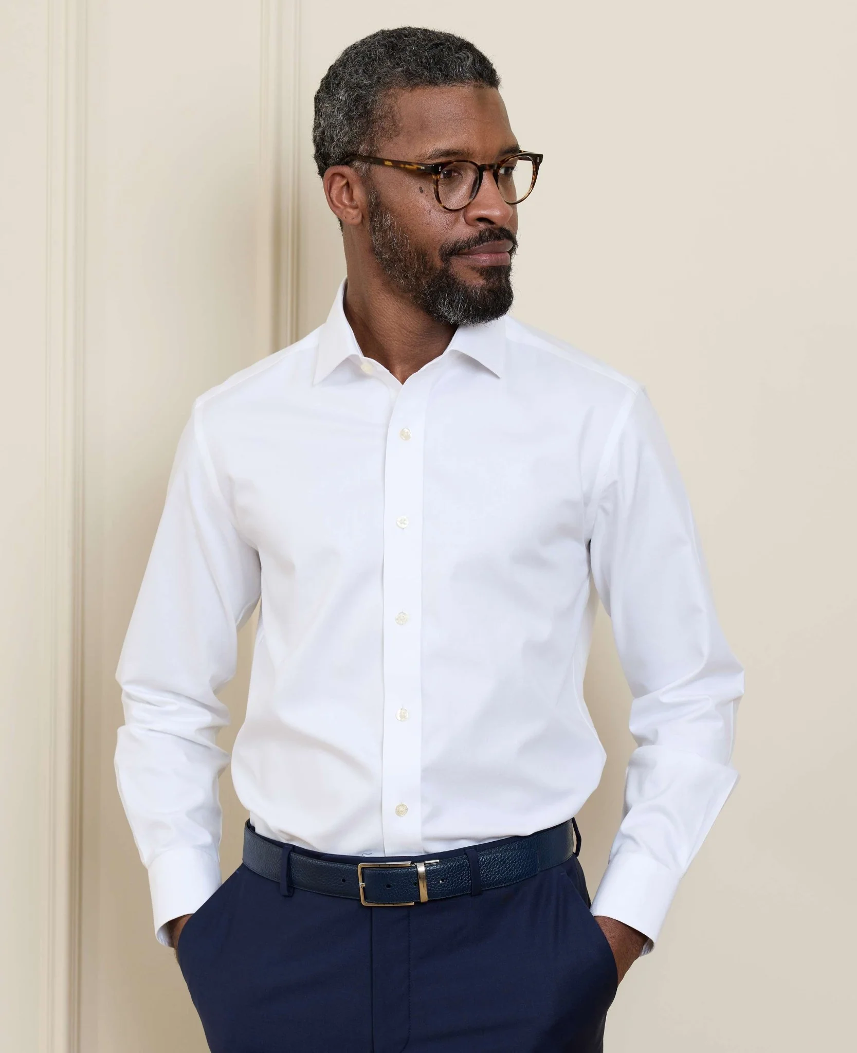 White Cotton Twill Slim Fit Non-Iron Shirt - Single Cuff - Image 2