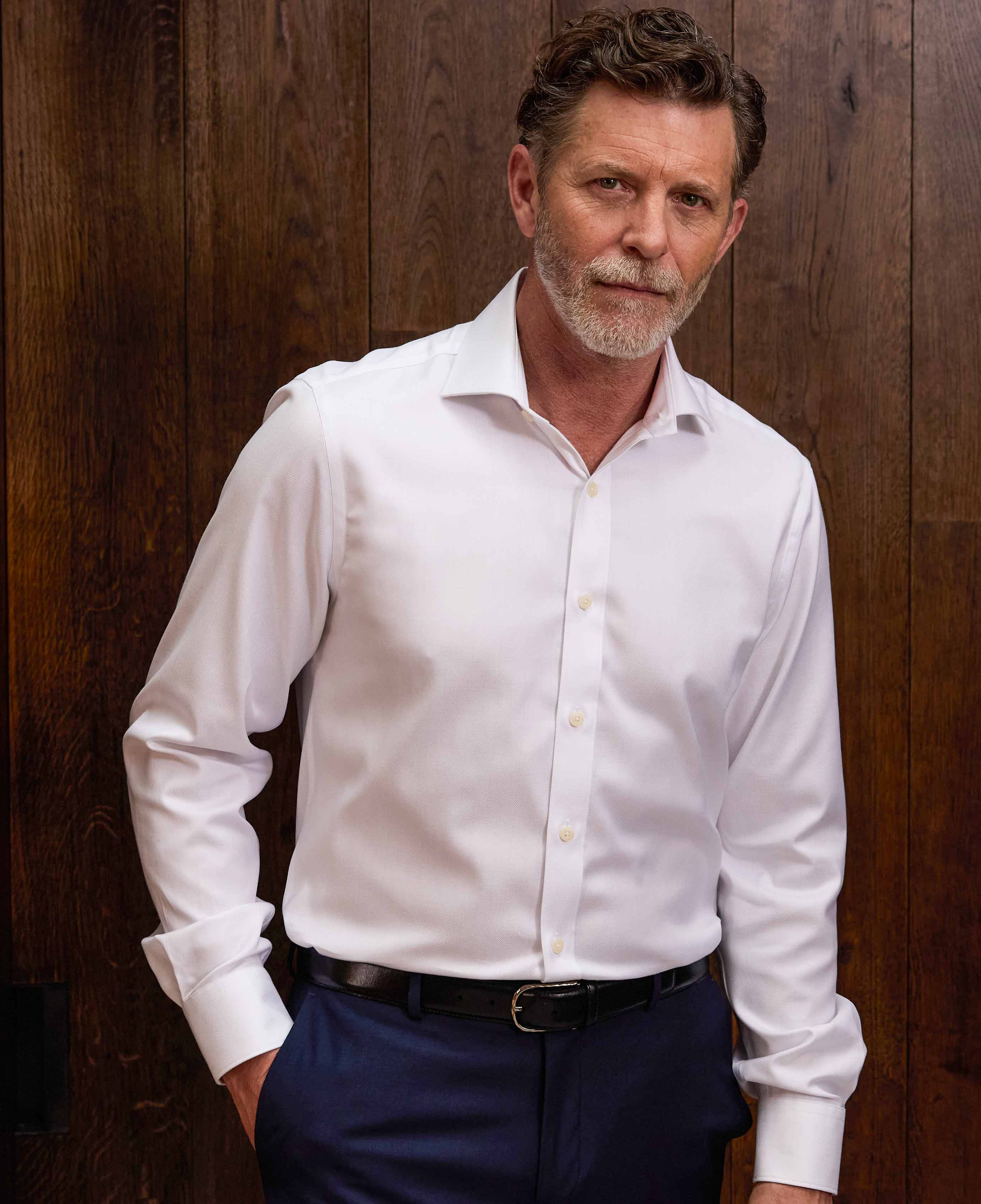 White Herringbone Cotton Slim Fit Formal Shirt - Single Cuff - Image 2