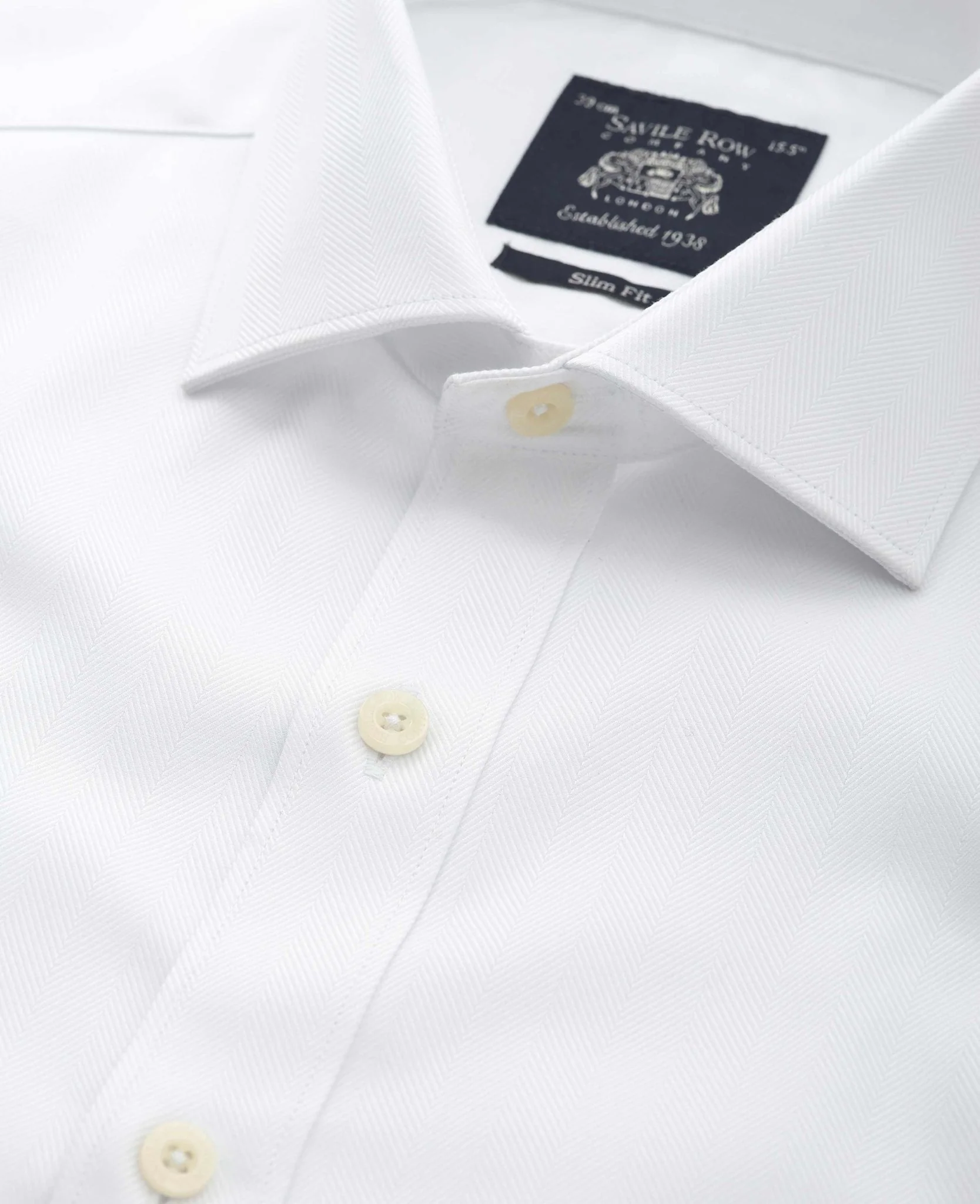 White Herringbone Cotton Slim Fit Formal Shirt - Single Cuff - Image 3