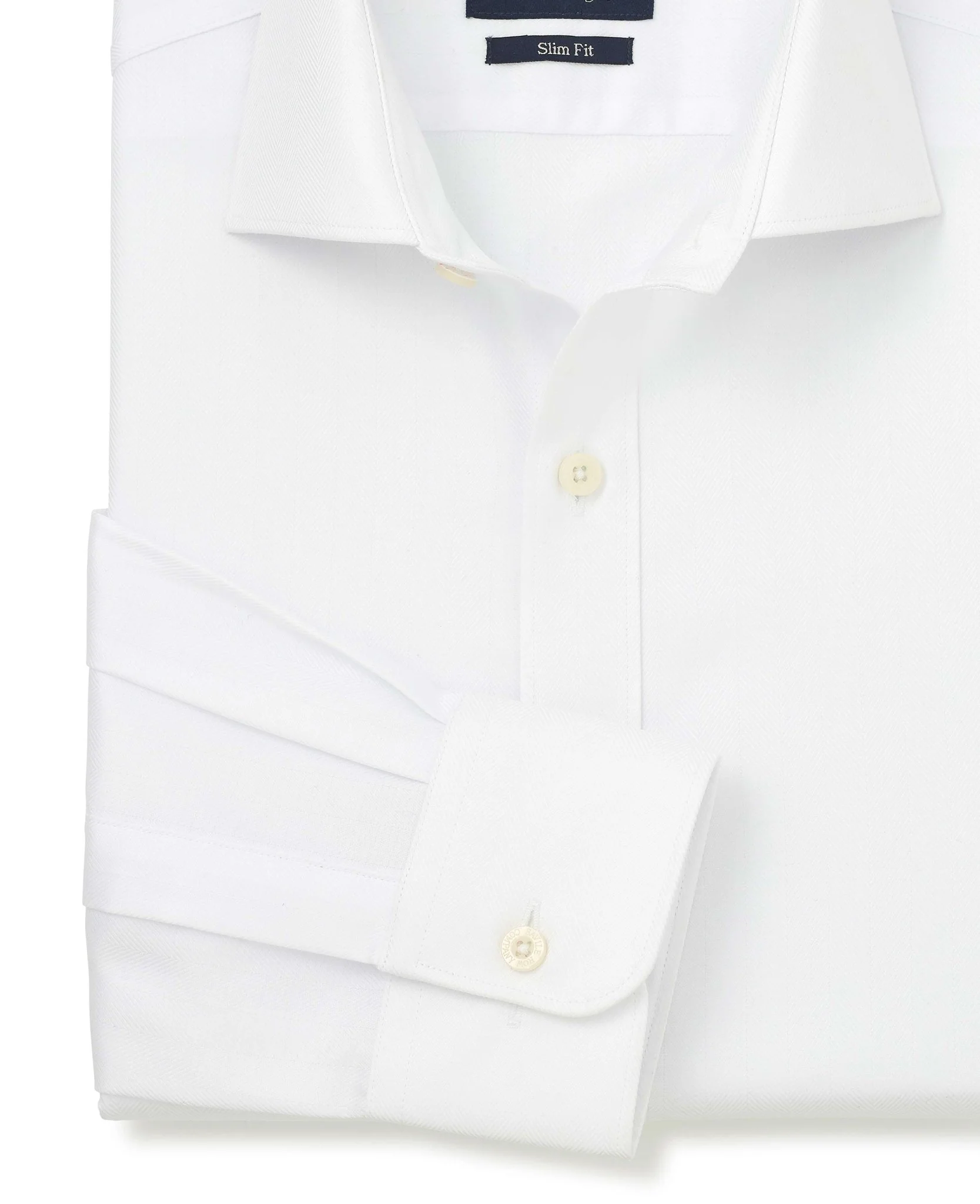 White Herringbone Cotton Slim Fit Formal Shirt - Single Cuff - Image 6