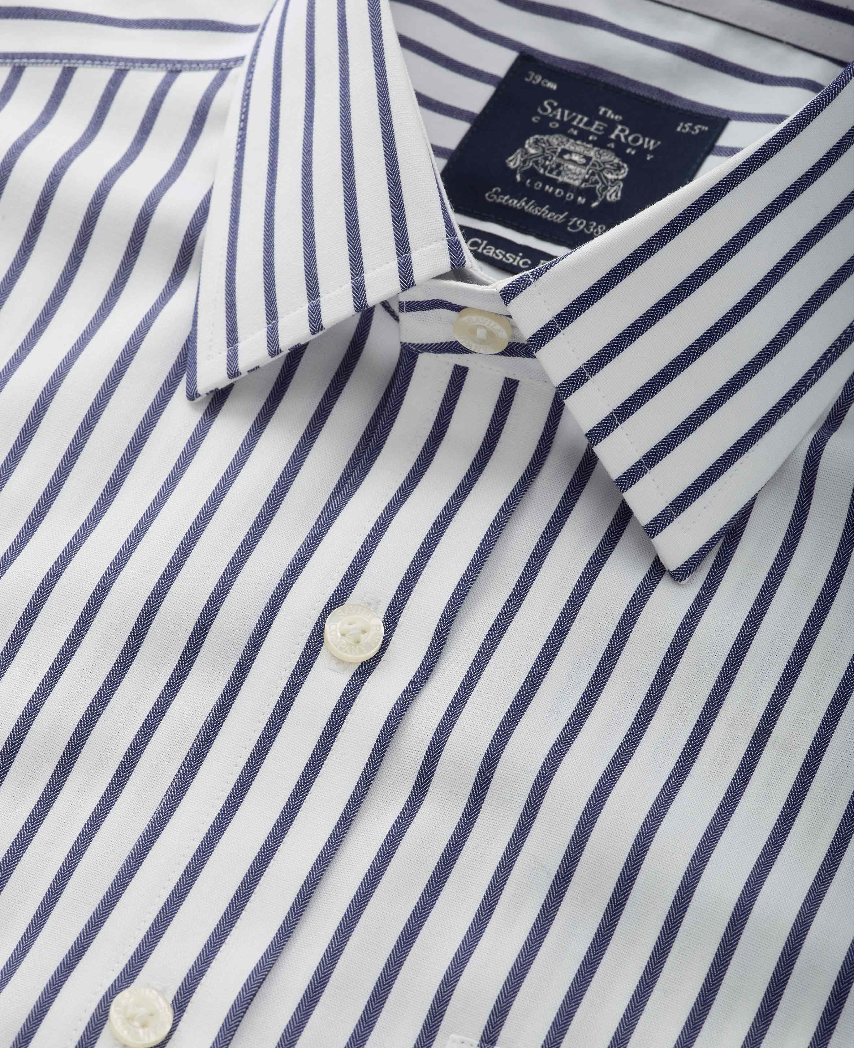 White Navy Stripe Classic Fit Non-Iron Shirt - Single Cuff [RTC] - Image 3
