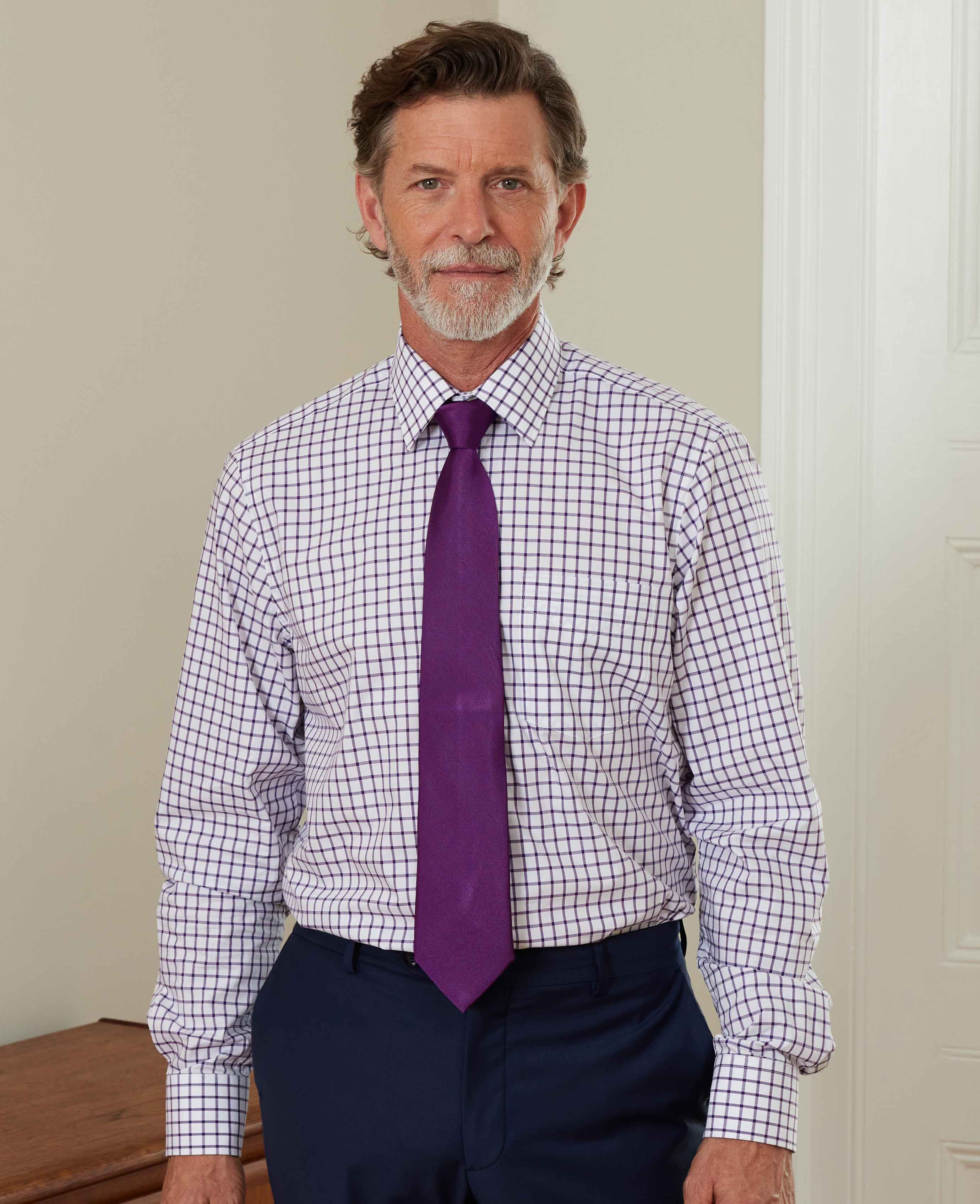 White Purple Cotton Grid Check Classic Fit Formal Shirt - Single Cuff [RTC] - Image 3