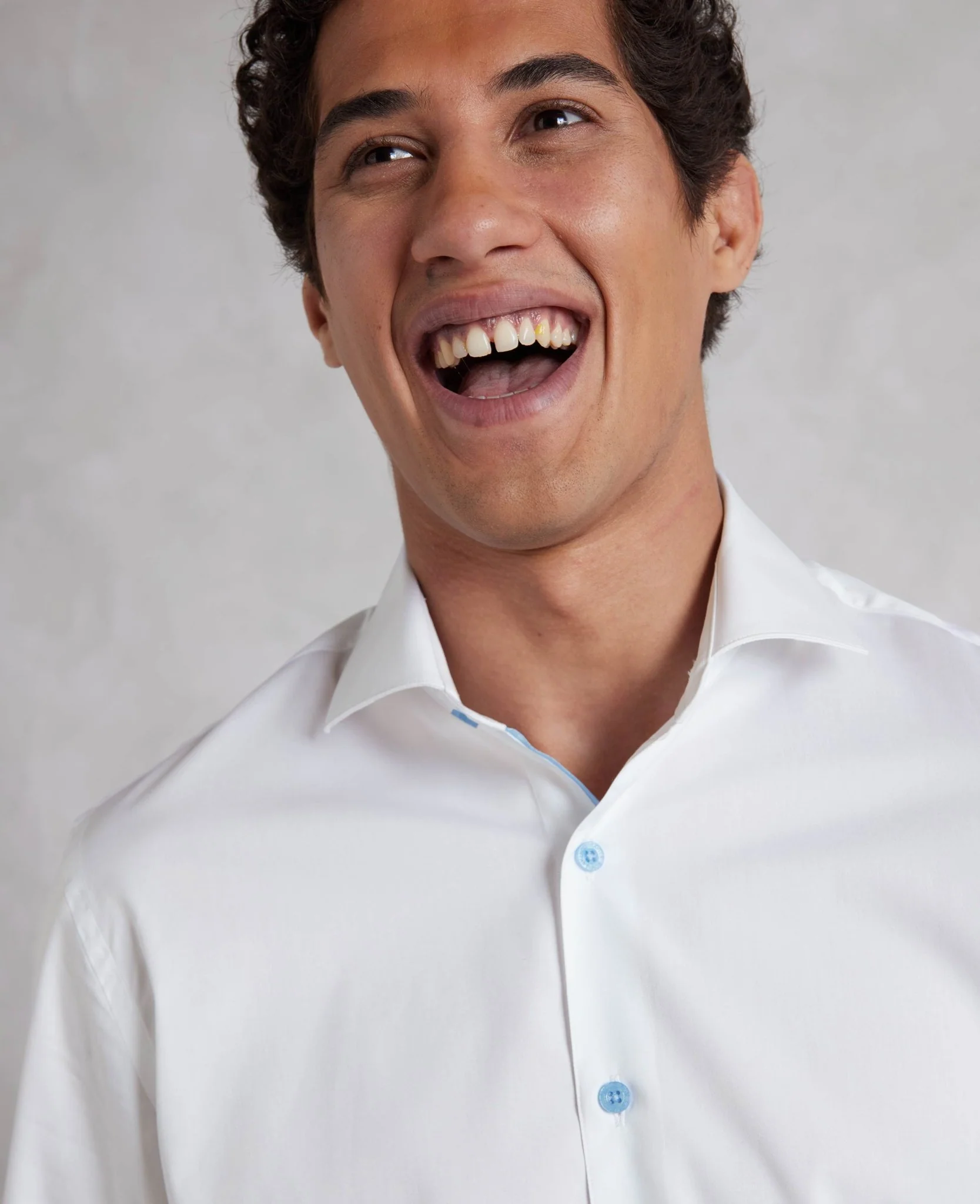 White Slim Fit Blue Button Smart-Casual Shirt - Single Cuff - Image 5