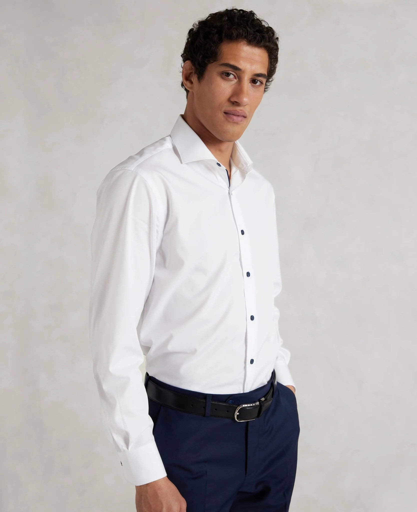 White Slim Fit Contrast Button Smart-Casual Shirt - Single Cuff - Image 6