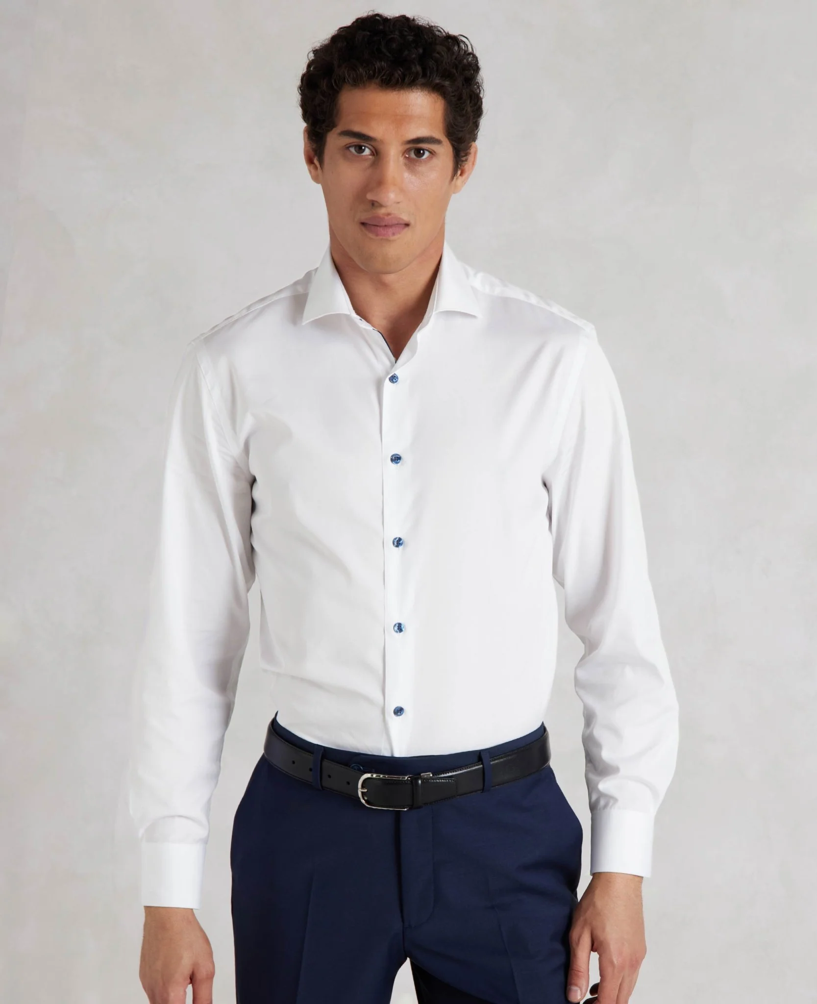 White Slim Fit Contrast Button Smart-Casual Shirt - Single Cuff - Image 7