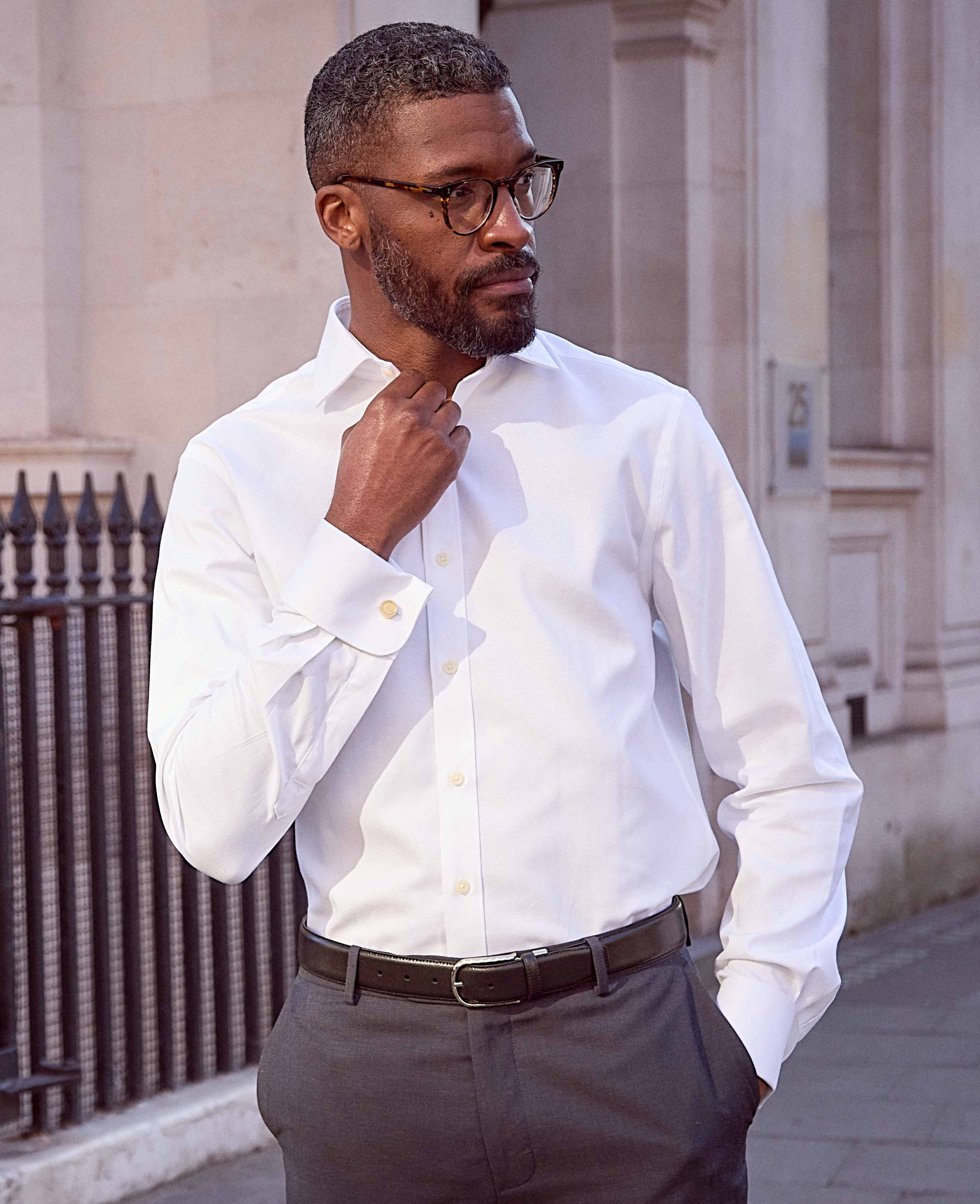 White Textured Cotton Slim Fit Formal Shirt - Double Cuff - Image 4