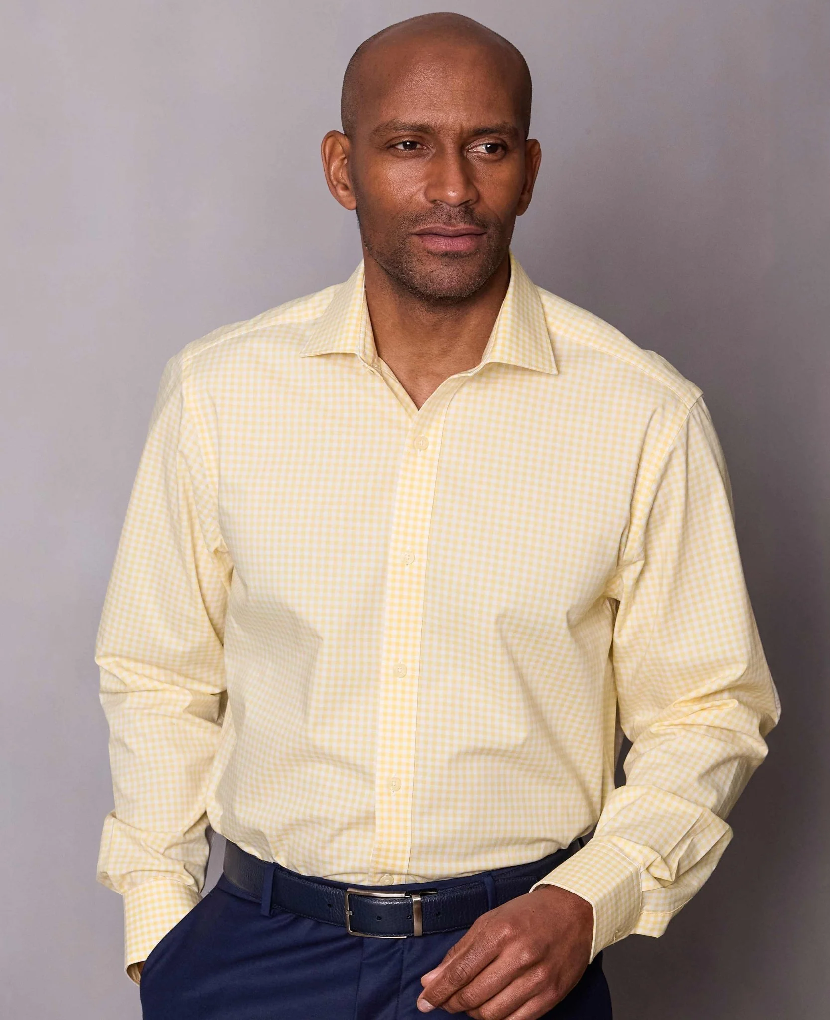 Yellow Cotton Poplin Gingham Check Classic Fit Formal Shirt - Single Cuff - Image 2