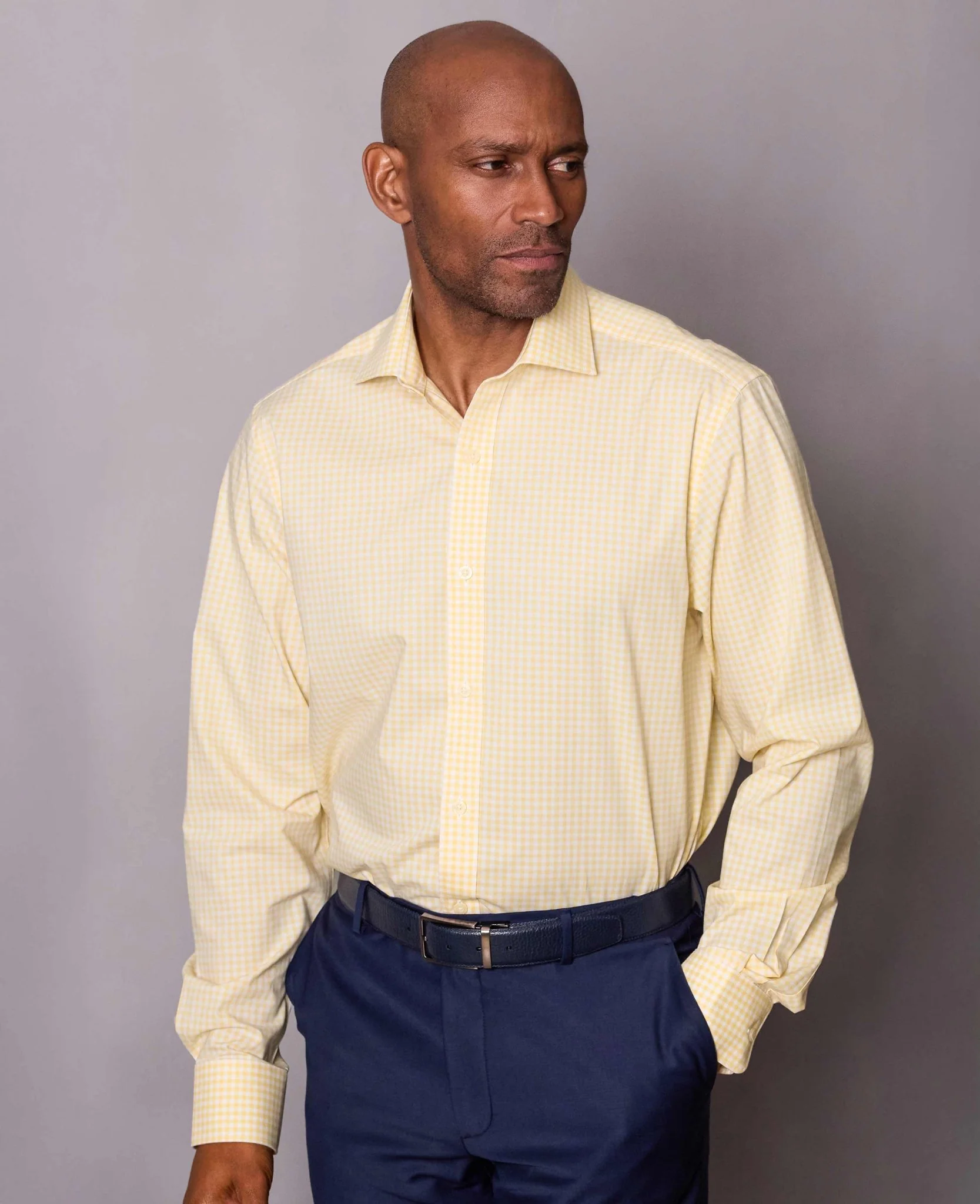 Yellow Cotton Poplin Gingham Check Classic Fit Formal Shirt - Single Cuff - Image 4